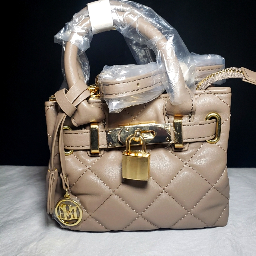 Badgley Mischka mini diamond quilted vegan leather, adjustable strap. Taupe